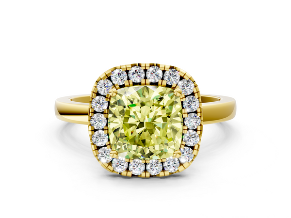 Yellow gold Fancy Yellow Cushion  Halo Diamond Solitaire with Pavé Band and Four-Prong Setting