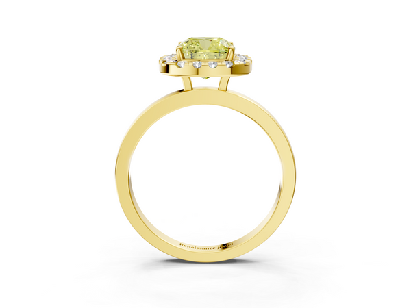 Yellow gold Fancy Yellow Cushion  Halo Diamond Solitaire with Pavé Band and Four-Prong Setting
