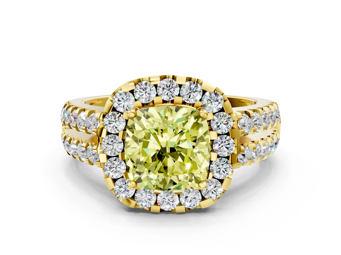 Yellow gold Fancy Yellow Cushion  Halo Diamond Split Shank Engagement Ring with Prong Setting_27
