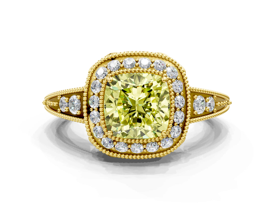 Yellow gold Fancy Yellow Cushion  Halo Diamond Split Shank Ring with Milgrain Detail_48