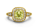 Yellow gold Fancy Yellow Cushion  Halo Diamond Split Shank Ring with Milgrain Detail_48
