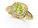 Yellow gold Fancy Yellow Cushion  Halo Diamond Split Shank Ring with Milgrain Detail_49
