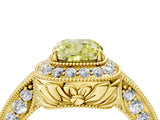 Yellow gold Fancy Yellow Cushion  Halo Diamond Split Shank Ring with Milgrain Detail_52