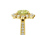 Yellow gold Fancy Yellow Cushion  Halo Milgrain Pave Diamond Ring with Four-Prong Setting 1