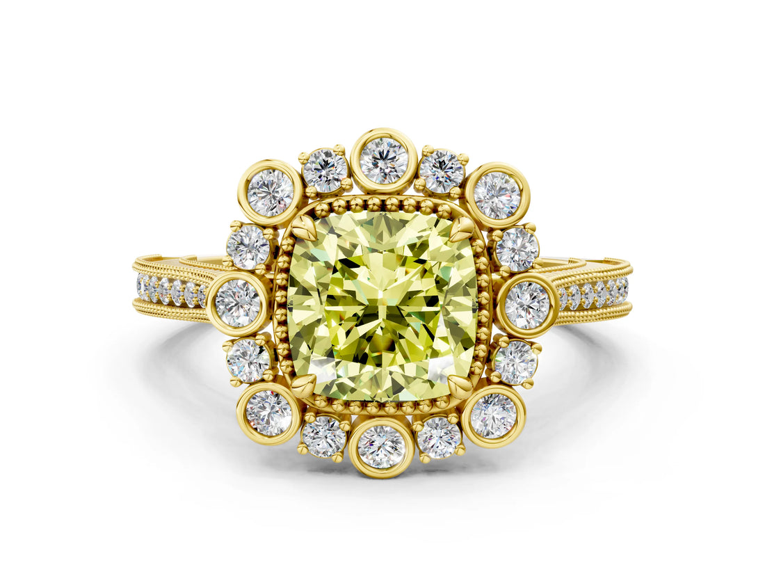 Yellow gold Fancy Yellow Cushion  Halo Milgrain Pave Diamond Ring with Four-Prong Setting 2
