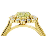 Yellow gold Fancy Yellow Cushion  Halo Milgrain Pave Diamond Ring with Four-Prong Setting