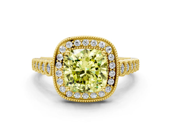 Yellow gold Fancy Yellow Cushion  Halo Milgrain Solitaire with Bezel Set Side Stones and Pave Band