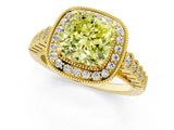 Yellow gold Fancy Yellow Cushion  Halo Milgrain Solitaire with Bezel Set Side Stones and Pave Band_33