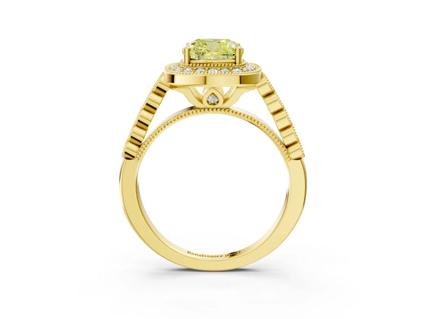 Yellow gold Fancy Yellow Cushion  Halo Milgrain Solitaire with Bezel Set Side Stones and Pave Band