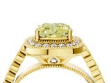 Yellow gold Fancy Yellow Cushion  Halo Milgrain Solitaire with Bezel Set Side Stones and Pave Band_36
