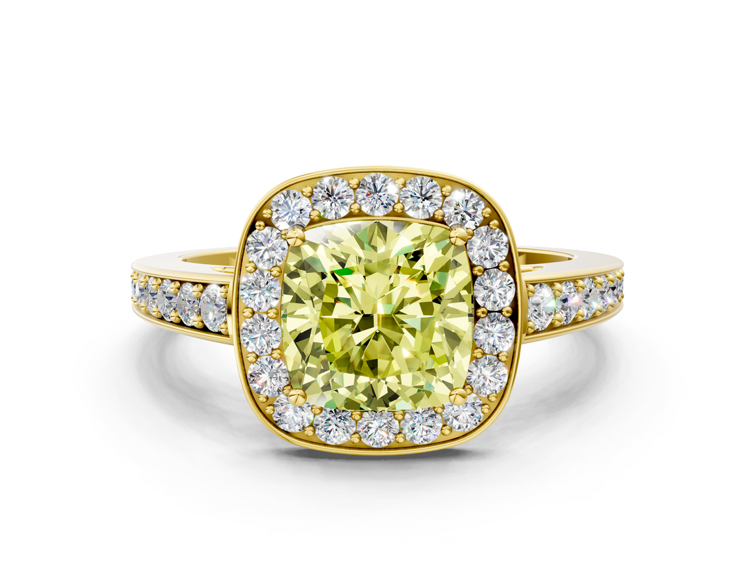Yellow gold Fancy Yellow Cushion  Halo Pavé Diamond Engagement Ring with Bezel Setting_20