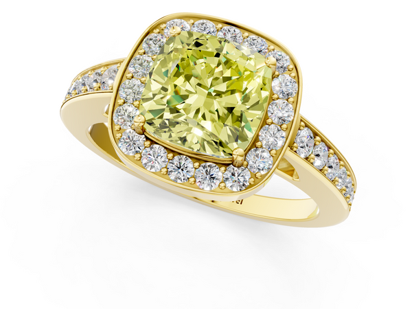 Yellow gold Fancy Yellow Cushion  Halo Pavé Diamond Engagement Ring with Bezel Setting