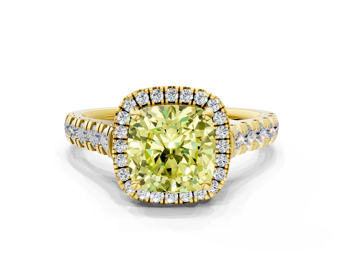 Yellow gold Fancy Yellow Cushion  Halo Pavé Diamond Engagement Ring with Four-Prong Setting_26