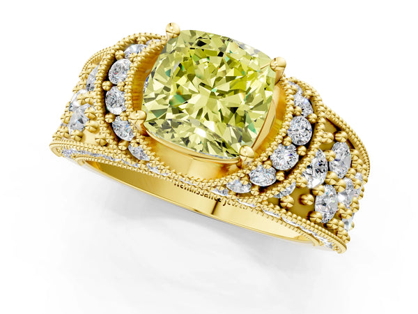 Yellow gold Fancy Yellow Cushion  Halo Pave Diamond Engagement Ring with Milgrain Detailing