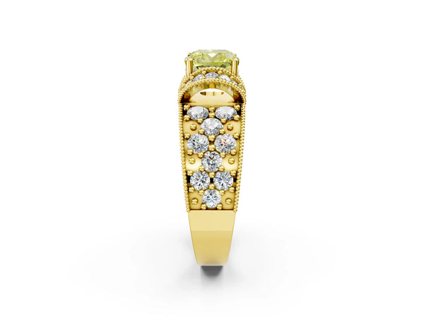 Yellow gold Fancy Yellow Cushion  Halo Pave Diamond Engagement Ring with Milgrain Detailing