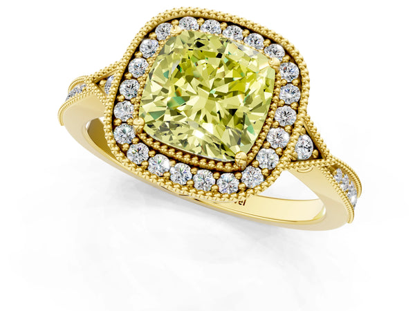 Yellow gold Fancy Yellow Cushion  Halo Round Diamond Milgrain Pave Engagement Ring