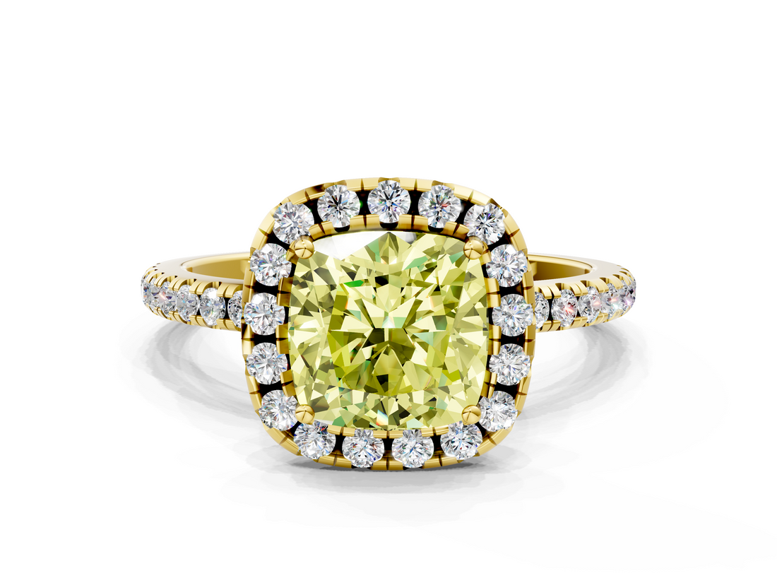 Yellow gold Fancy Yellow Cushion  Halo Round Diamond Pavé Band Four-Prong Ring_3