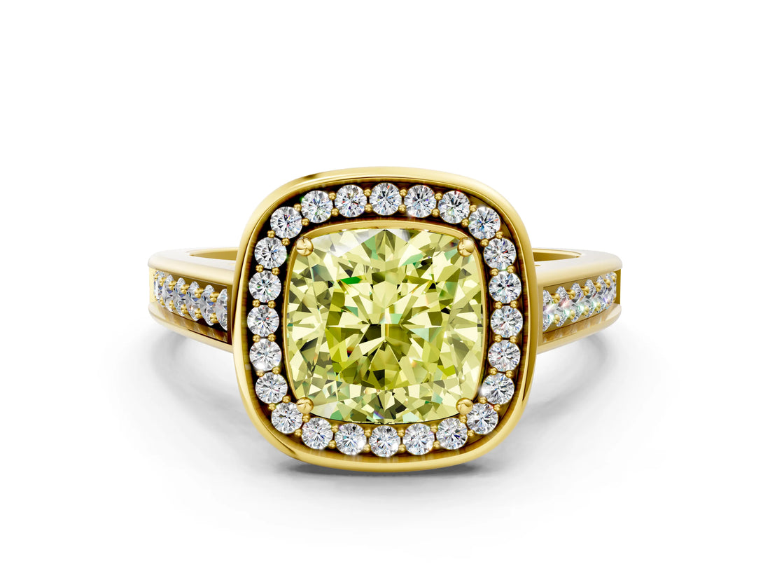 Yellow gold Fancy Yellow Cushion  Halo Solitaire Diamond Ring with Pave Band and Bezel Setting_48