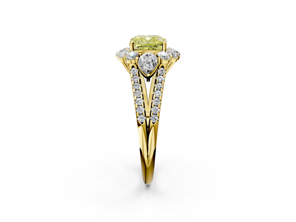 Yellow gold Fancy Yellow Cushion  Halo Split Shank Diamond Engagement Ring with Prong Setting