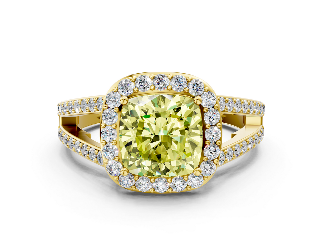 Yellow gold Fancy Yellow Cushion  Halo Split Shank Diamond Ring with Four-Prong Setting_32