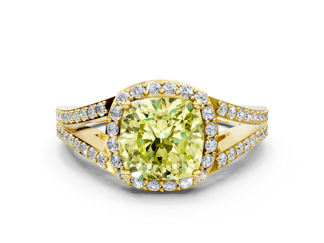 Yellow gold Fancy Yellow Cushion  Halo Split Shank Diamond Ring with Prong Setting_20