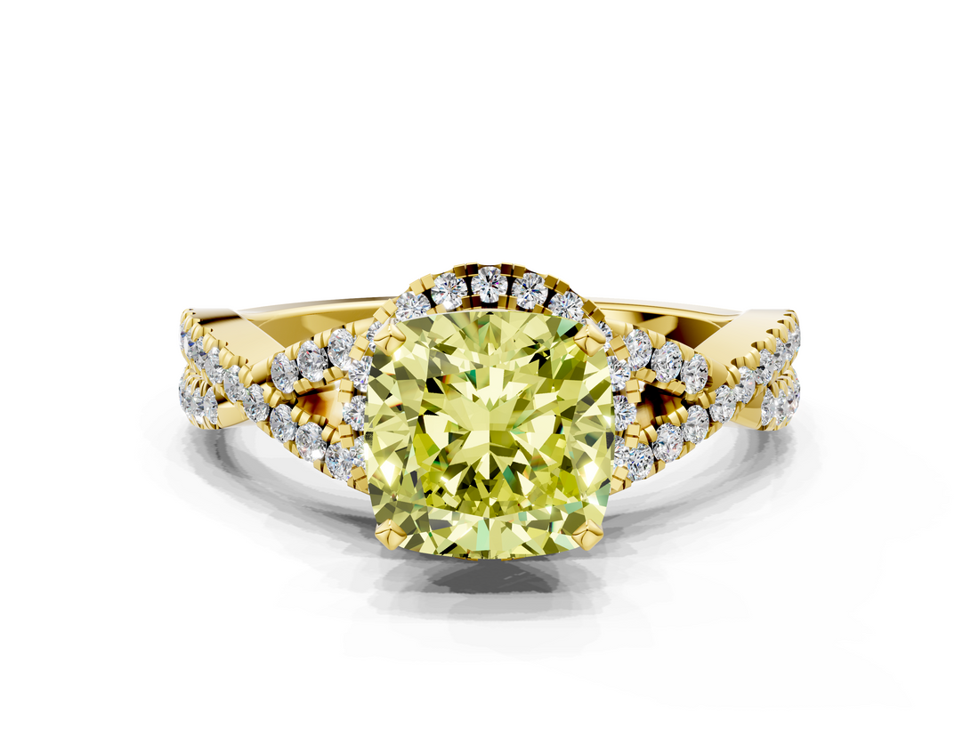 Yellow gold Fancy Yellow Cushion  Halo Twist Band Solitaire Prong Setting Ring_64