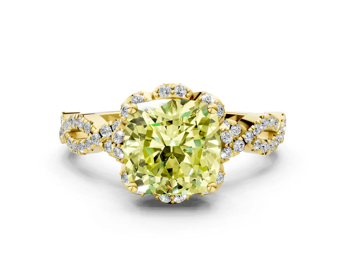 Yellow gold Fancy Yellow Cushion  Halo Twist Band Solitaire Ring with Six-Prong Setting_32