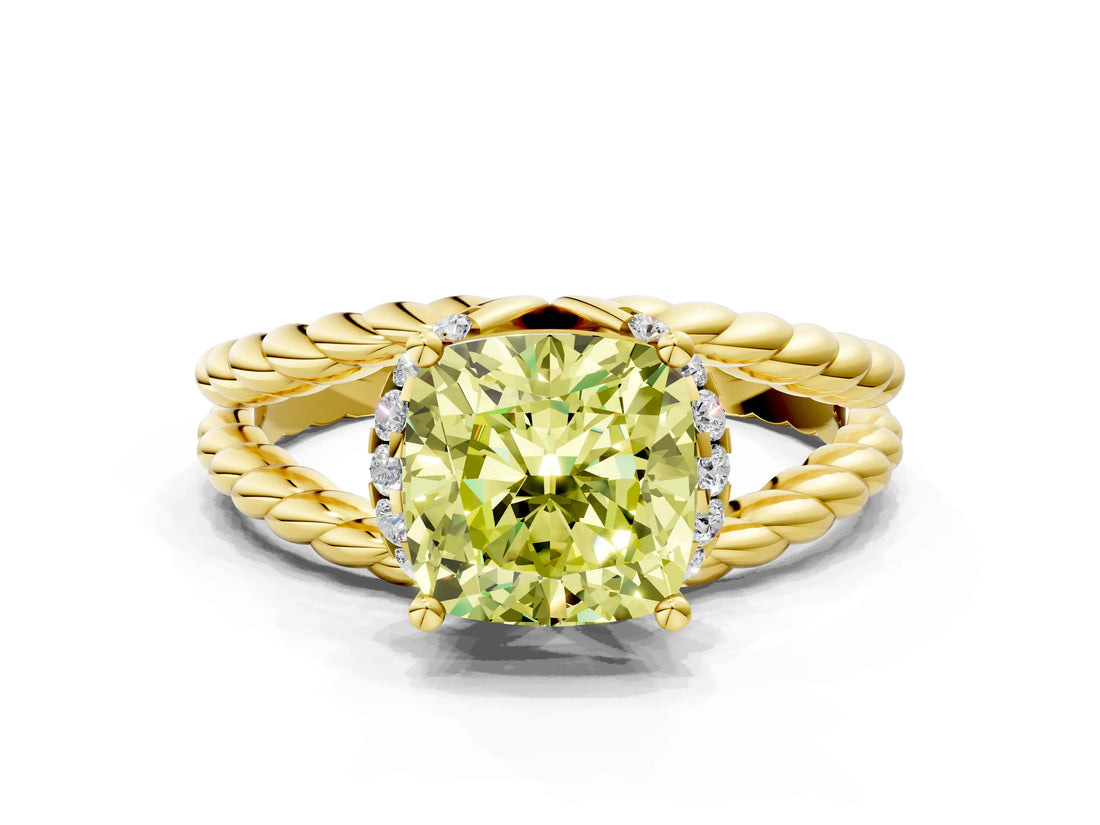 Yellow gold Fancy Yellow Cushion  Halo Twisted Band Four-Prong Ring_51
