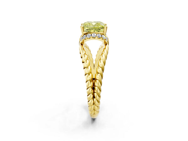 Yellow Gold Cushion Cut Engagement Ring Setting for Fancy Yellow Center with Rope Split Shank