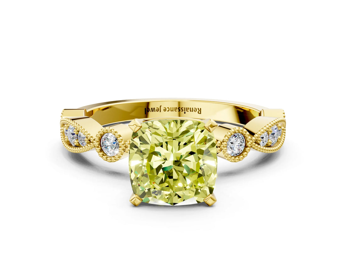 Yellow gold Fancy Yellow Cushion  Milgrain Bezel Diamond Engagement Ring with Solitaire Prong Setting_138