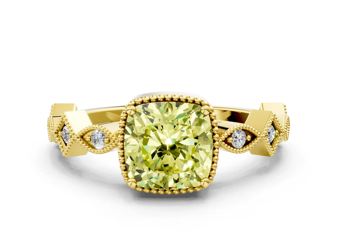 Yellow gold Fancy Yellow Cushion  Milgrain Marquise Diamond Twist Band Ring_62