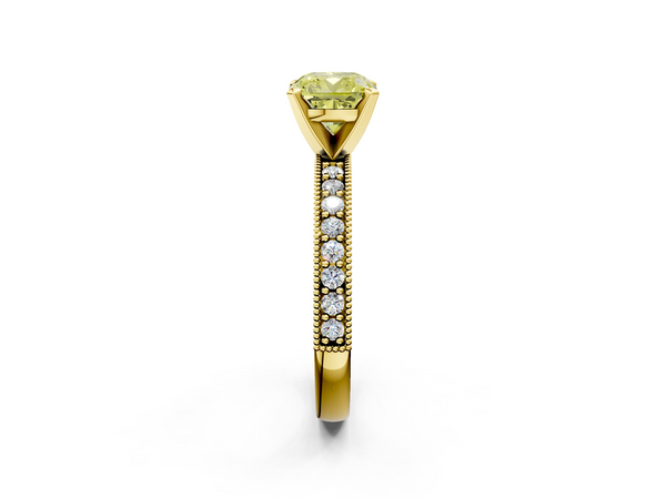 Yellow gold Fancy Yellow Cushion Cut Diamond Milgrain Pavé Engagement Ring with Four-Prong Setting
