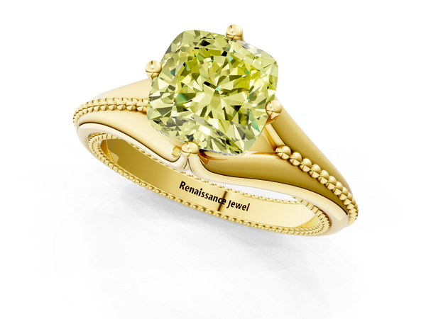 Yellow gold Fancy Yellow Cushion  Solitaire Beaded Band Six-Prong Setting