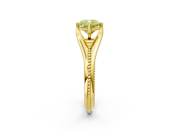 Yellow gold Fancy Yellow Cushion  Solitaire Beaded Band Six-Prong Setting