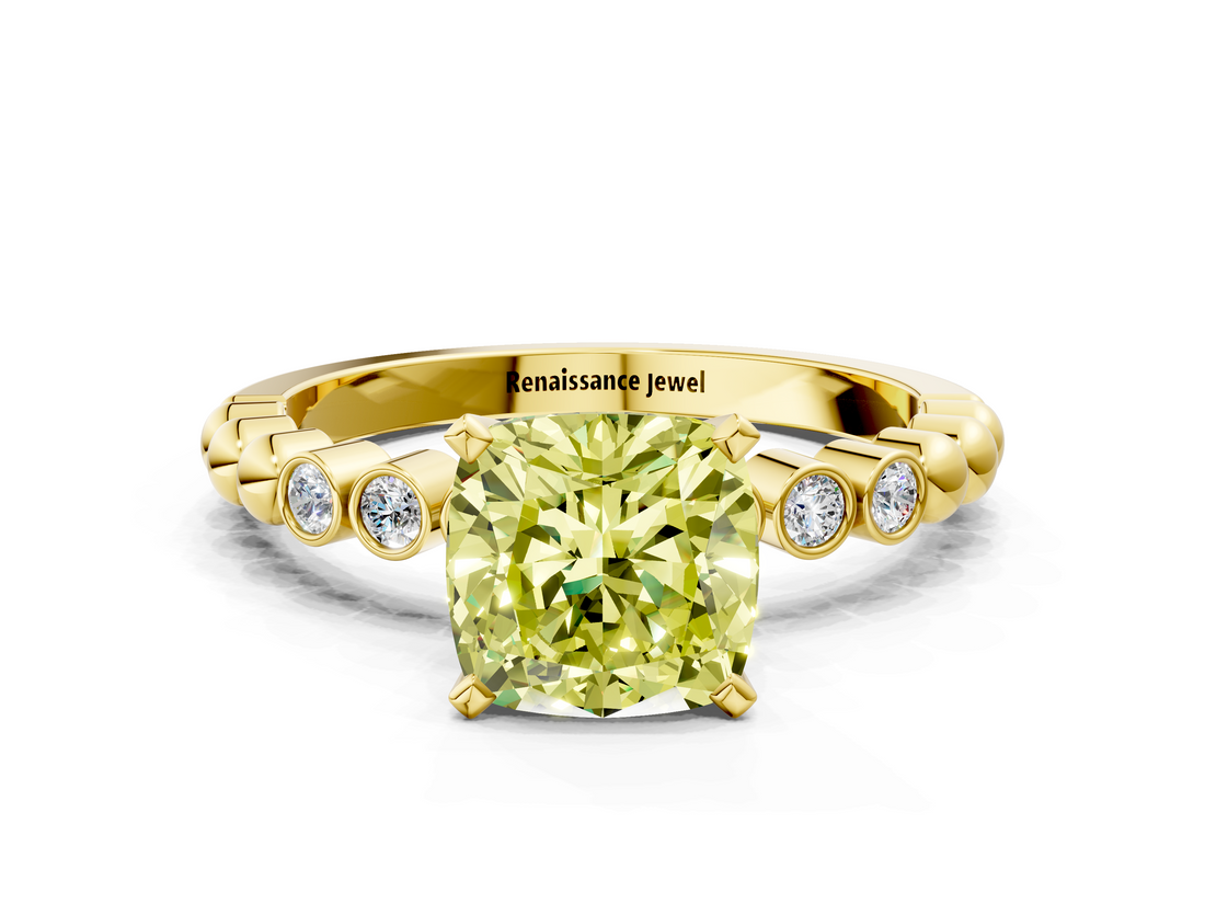 Yellow gold Fancy Yellow Cushion  Solitaire Bezel Accent Diamond Engagement Ring with Beaded Band and Four-Prong Setting_23