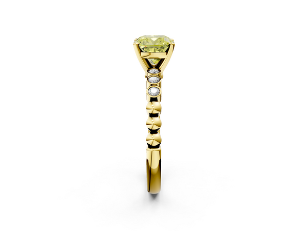 Yellow gold Fancy Yellow Cushion  Solitaire Bezel Accent Diamond Engagement Ring with Beaded Band and Four-Prong Setting