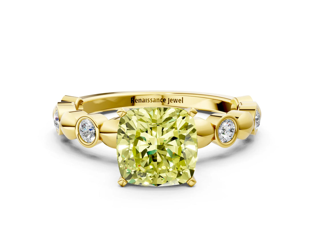 Yellow gold Fancy Yellow Cushion  Solitaire Bezel-Set Diamond Ring with Beaded Band and Four-Prong Setting_32