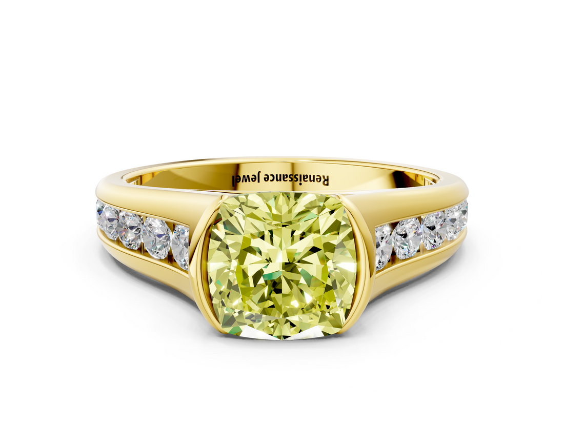 Yellow gold Fancy Yellow Cushion  Solitaire Bezel-Set Diamond Ring with Channel-Set Band_36