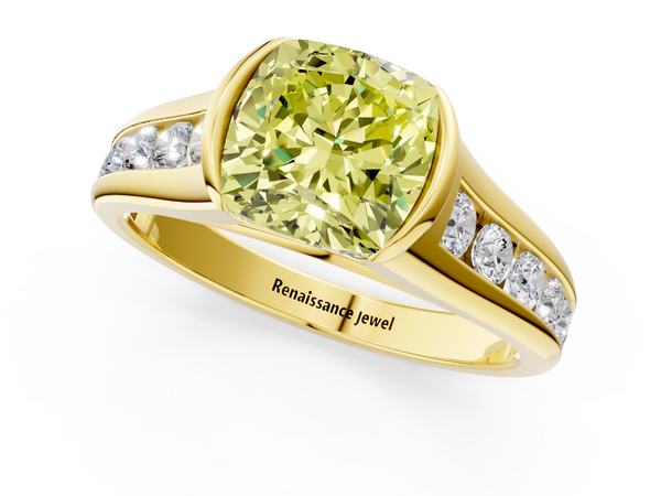 Yellow gold Fancy Yellow Cushion  Solitaire Bezel-Set Diamond Ring with Channel-Set Band