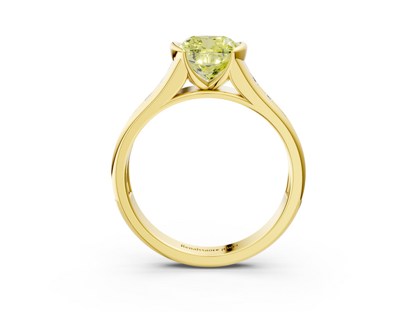Yellow gold Fancy Yellow Cushion  Solitaire Bezel-Set Diamond Ring with Channel-Set Band