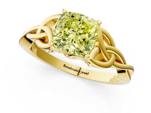 Yellow gold Fancy Yellow Cushion Cut Diamond Solitaire Engagement Ring with Celtic Knot Band and Four-Prong Setting
