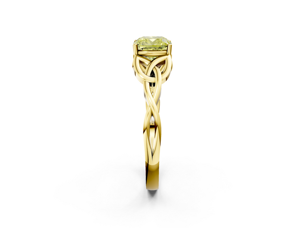 Yellow gold Fancy Yellow Cushion Cut Diamond Solitaire Engagement Ring with Celtic Knot Band and Four-Prong Setting