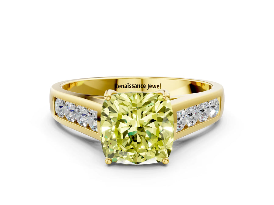 Yellow gold Fancy Yellow Cushion  Solitaire Channel-Set Diamond Engagement Ring with Four-Prong Setting