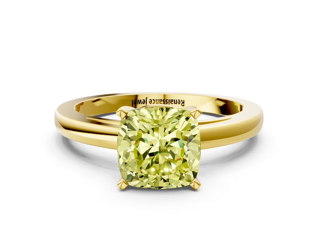 Yellow gold Fancy Yellow Cushion  Solitaire Diamond Engagement Ring with Four-Prong Setting on a Classic Band_3