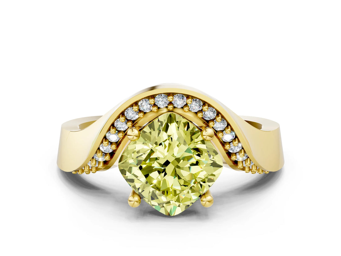 Yellow gold Fancy Yellow Cushion  Solitaire Diamond Engagement Ring with Pave Band and Four-Prong Setting_46
