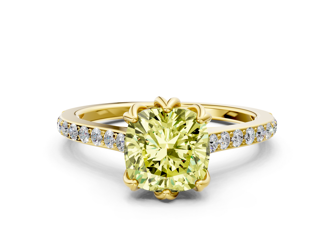 Yellow gold Fancy Yellow Cushion  Solitaire Diamond Engagement Ring with Pave Band and Six-Prong Setting_20