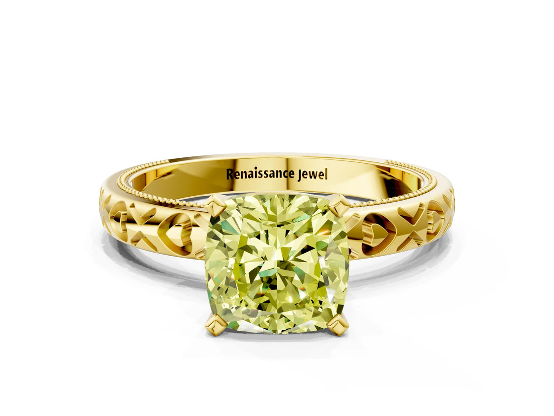 Yellow gold Fancy Yellow Cushion  Solitaire Diamond Engagement Ring with XO Engraved Band and Four-Prong Setting 1