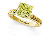 Yellow gold Fancy Yellow Cushion  Solitaire Diamond Engagement Ring with XO Engraved Band and Four-Prong Setting 2