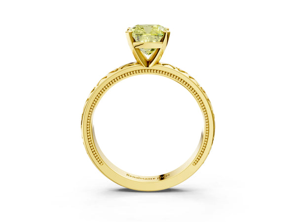 Yellow gold Fancy Yellow Cushion  Solitaire Diamond Engagement Ring with XO Engraved Band and Four-Prong Setting