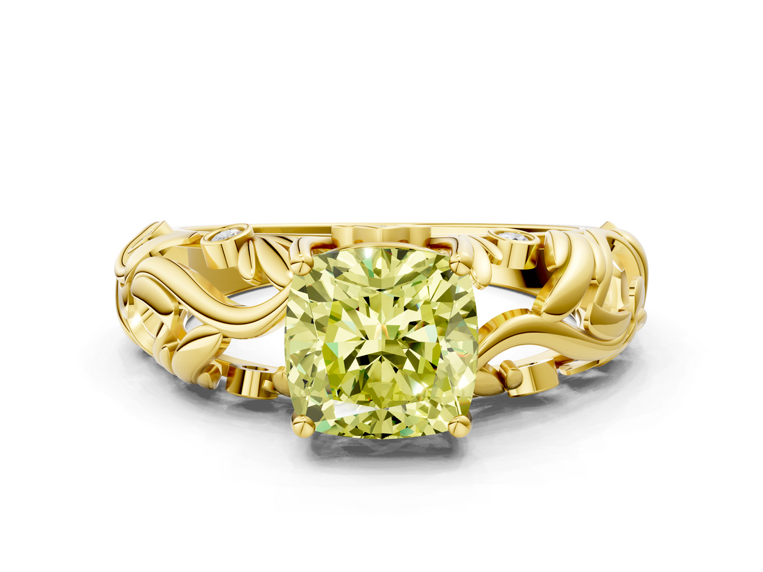 Yellow gold Fancy Yellow Cushion  Solitaire Diamond Leaf Vine Band with Prong Setting_47